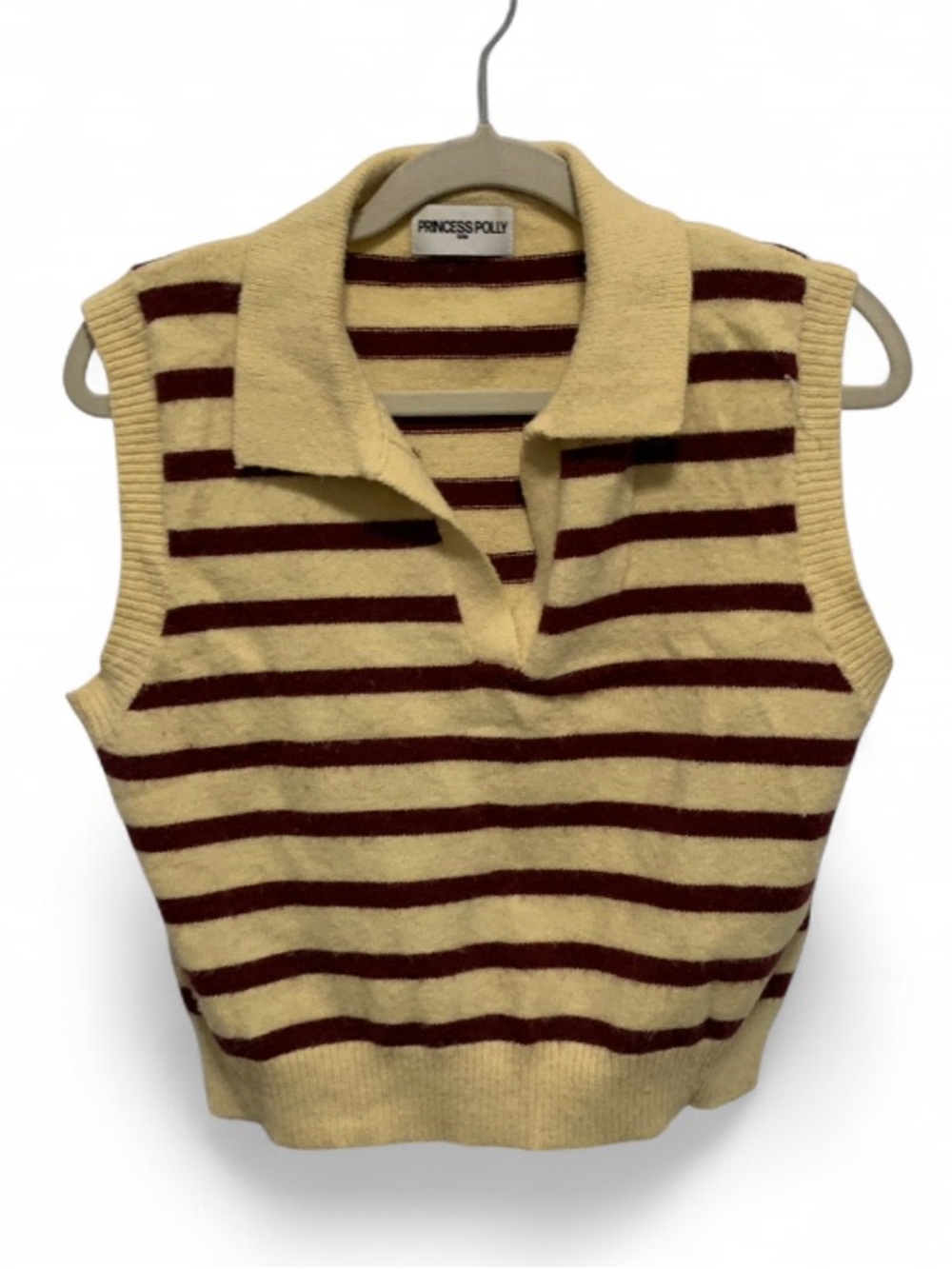 Princess Polly Yuliya Yellow & Burgundy Striped Collared Sleeveless Sweater